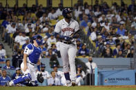 Houston Astros' Yordan Alvarez watches his two-run home run during the eighth inning of the team's baseball game against the Los Angeles Dodgers on Tuesday, Aug. 3, 2021, in Los Angeles. (AP Photo/Marcio Jose Sanchez)