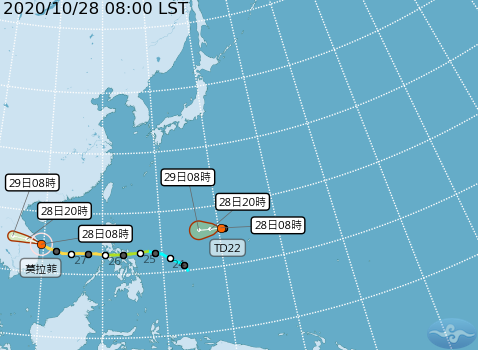 昨晚生成的熱帶性低氣壓TD22，預測路徑將和中颱莫拉菲相似。   圖：中央氣象局/提供