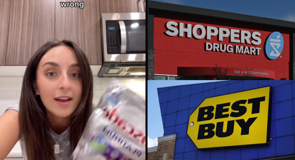 (left) Instagram user @sammar__ holding cleaning pods after shopping. (top right) A Shoppers Drug Mart storefront. (bottom right) A Best Buy storefront.