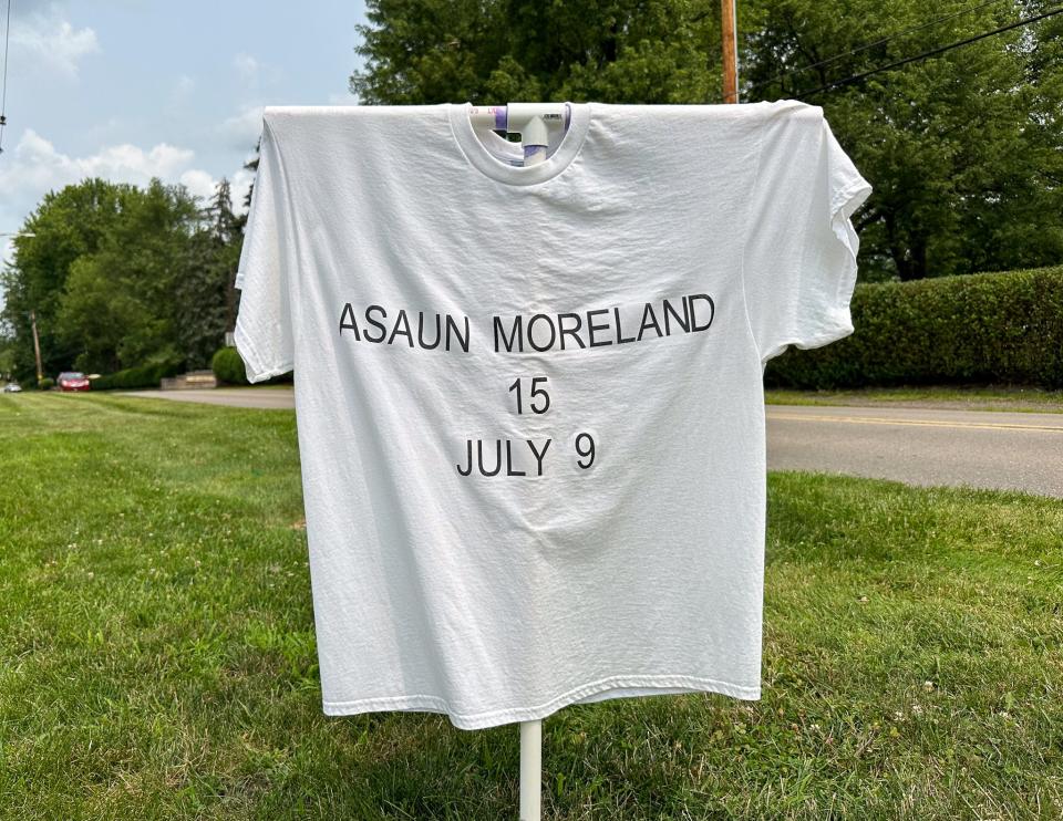 The latest addition to the Sisters of St. Joseph's gun violence display is a shirt remembering Asaun Moreland, 15, of Ambridge. The 15-year-old was stalked by two older teenagers and killed in what police describe as an "execution style" on July 9, 2023.