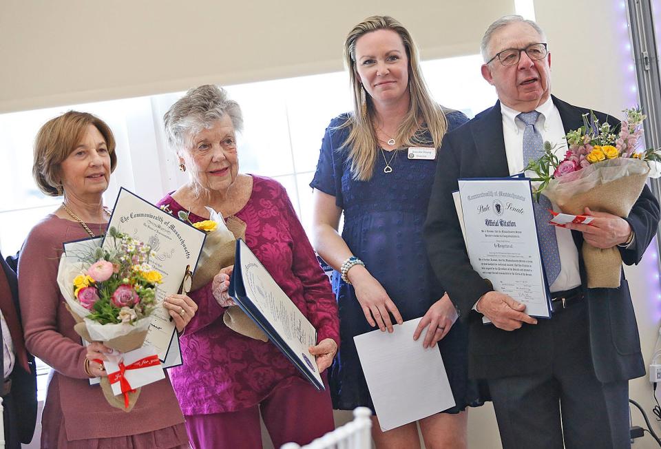 From left: Dawn Sibor, Peggy Hughes, Hingham Elder Services Director Jennifer Young and Warren Joseph Millburgs at the Hingham senior center Tuesday, April 11, 2023.