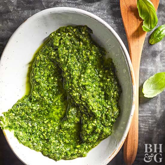 Rather than all basil, blend up a pesto with a handful of chopped scapes or green garlic. Their subtle garlic notes make the perfect addition to this pesto sauce (a delicious crostini or pasta topping).