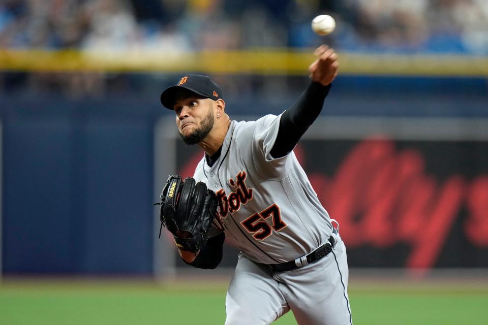 Detroit Tigers starting pitcher Eduardo Rodriguez (57) delivers to the Tampa Bay Rays during the first inning at Tropicana Field in St. Petersburg, Florida, on Thursday, March 30, 2023.