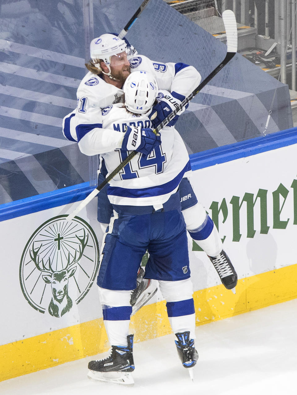 Tampa Bay Lightning center Steven Stamkos (91) celebrates his goal against the Dallas Stars with left wing Patrick Maroon (14) during the first period of Game 3 of the NHL hockey Stanley Cup Final, Wednesday, Sept. 23, 2020, in Edmonton, Alberta. (Jason Franson/The Canadian Press via AP)