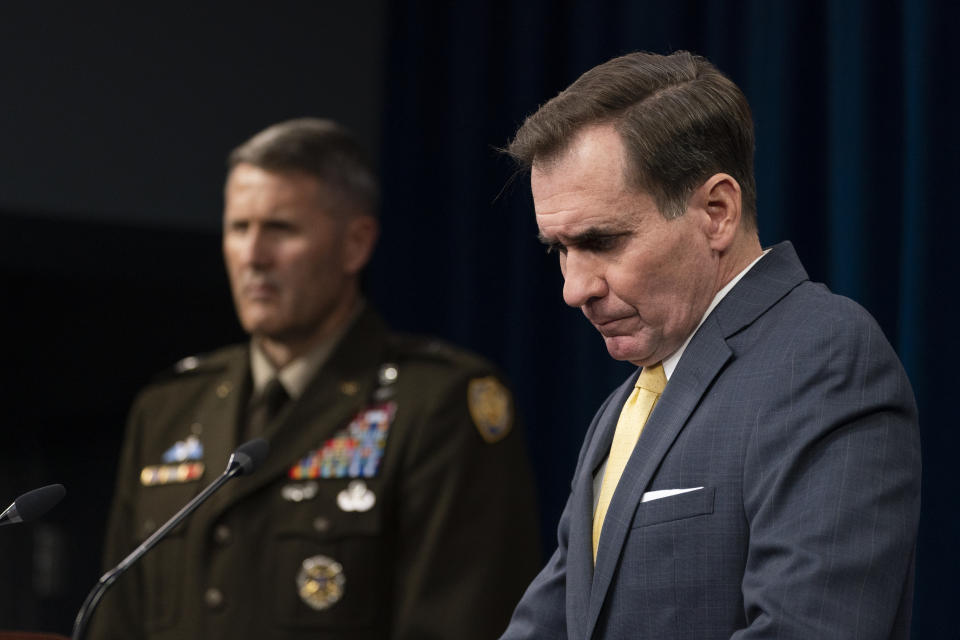 Pentagon spokesman John Kirby with U.S. Army Maj. Gen. William Taylor, Joint Staff Operations, listens to a question during a briefing about the situation in Afghanistan at the Pentagon in Washington, Monday, Aug. 30, 2021. (AP Photo/Manuel Balce Ceneta)