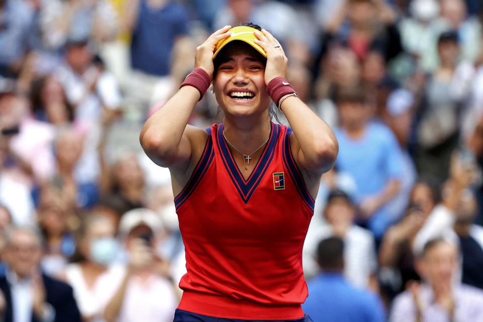 Emma Raducanu (pictured) in tears as she celebrates winning the US Open title.