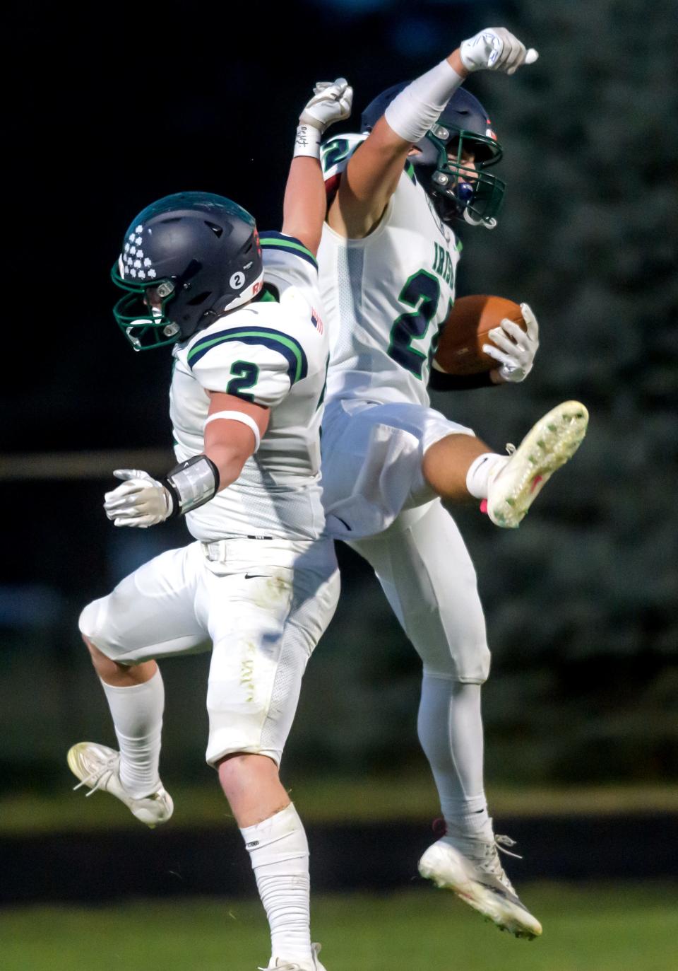 Peoria Notre Dame's Lawson Alwan, right, returns in 2024 to help lead the Irish football team's defense.