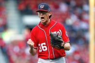 Tyler Clippard of the Washington Nationals reacts at the end of the eighth inning against the St Louis Cardinals during Game One of the National League Division Series at Busch Stadium on October 7, 2012 in St Louis, Missouri. (Photo by Jamie Squire/Getty Images)