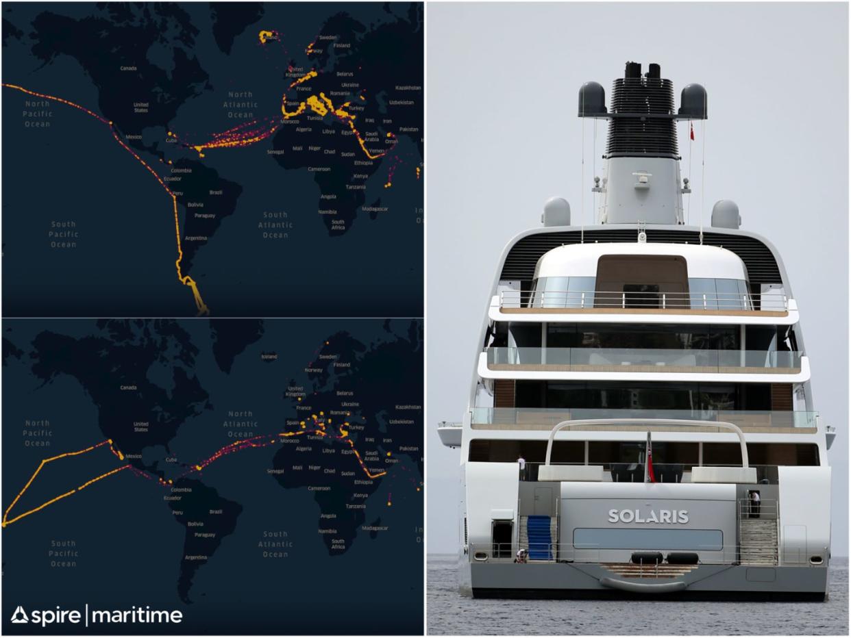 Heat map showing Russian oligarch yacht traffic across the world before and after the invasion of Ukraine, next to a picture of Roman Abramovich's superyacht Solaris.