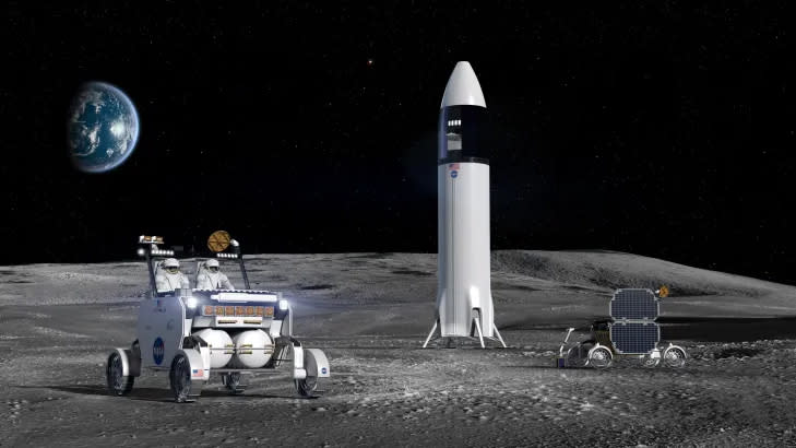 Artist's illustration of a white lunar rover driving on the surface of the moon with a white spaceship and land in the background.