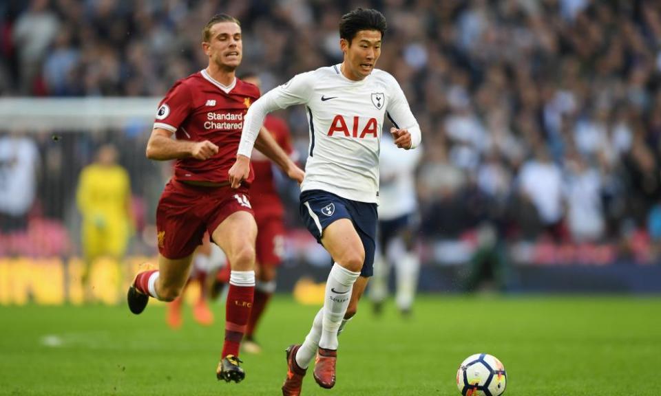 Heung-Min Son escapes Jordan Henderson. Like Steven Gerrard, his predecessor as Liverpool captain, Henderson is no holding midfielder