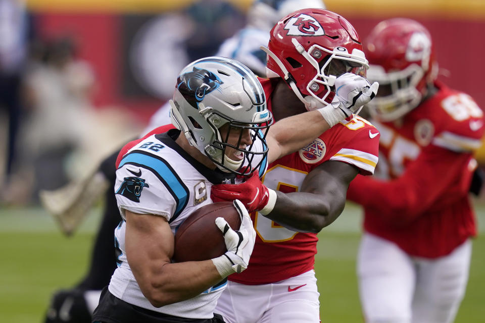 Carolina Panthers running back Christian McCaffrey scored on his first series back from injury. (AP Photo/Orlin Wagner)