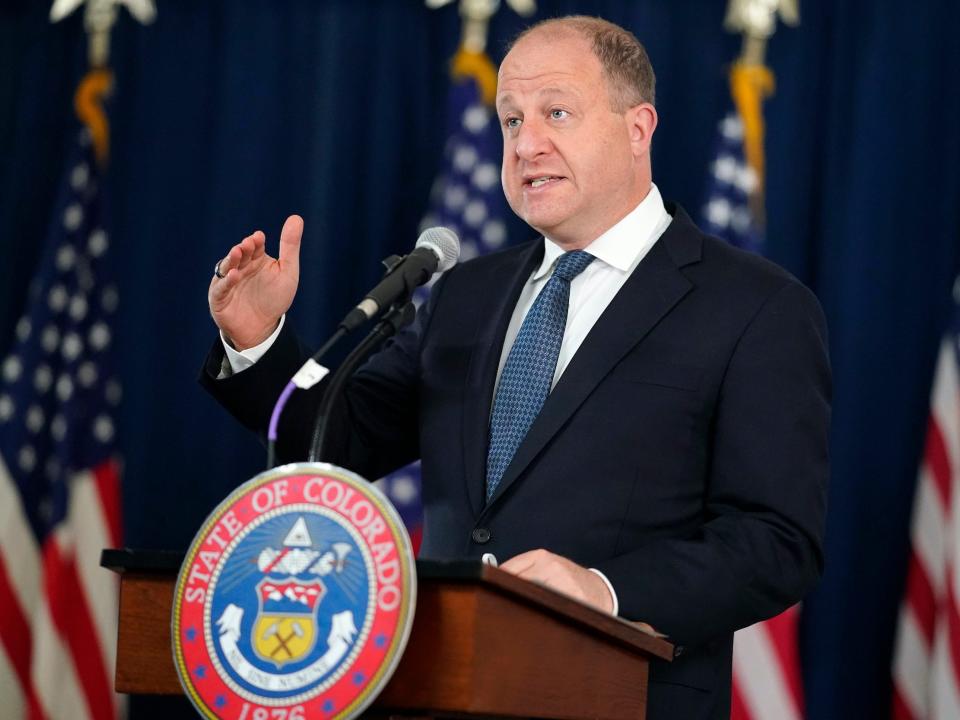 Colorado Gov. Jared Polis speaks during a press conference on Tuesday, April 20, 2021, in Denver.