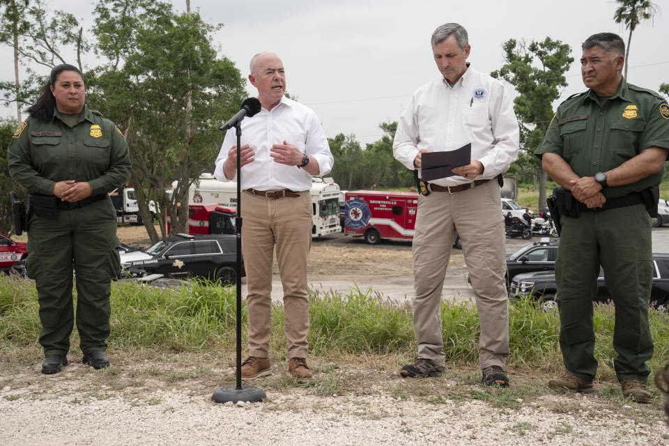 U.S. Homeland Security Secretary Alejandro Mayorkas speaks to members of the media in Brownsville, Texas, Friday, May 5, 2023. Mayorkas said Friday that authorities faced “extremely challenging” circumstances along the border with Mexico days before pandemic-related asylum restrictions end. (AP Photo/Veronica G. Cardenas)