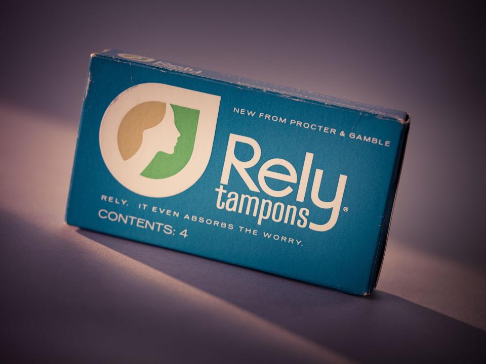 A box of Rely tampons with the slogan, "Rely. It even absorbs the worry."