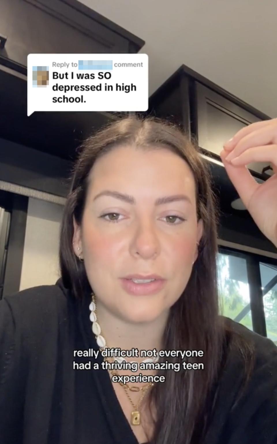 Nikki speaking in a video with a caption about not everyone having an amazing teen experience