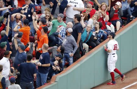 Sep 8, 2018; Boston, MA, USA; Boston Red Sox left fielder Andrew Benintendi (16) watches as fans go for a foul ball during the second inning against the Houston Astros at Fenway Park. Mandatory Credit: Winslow Townson-USA TODAY Sports