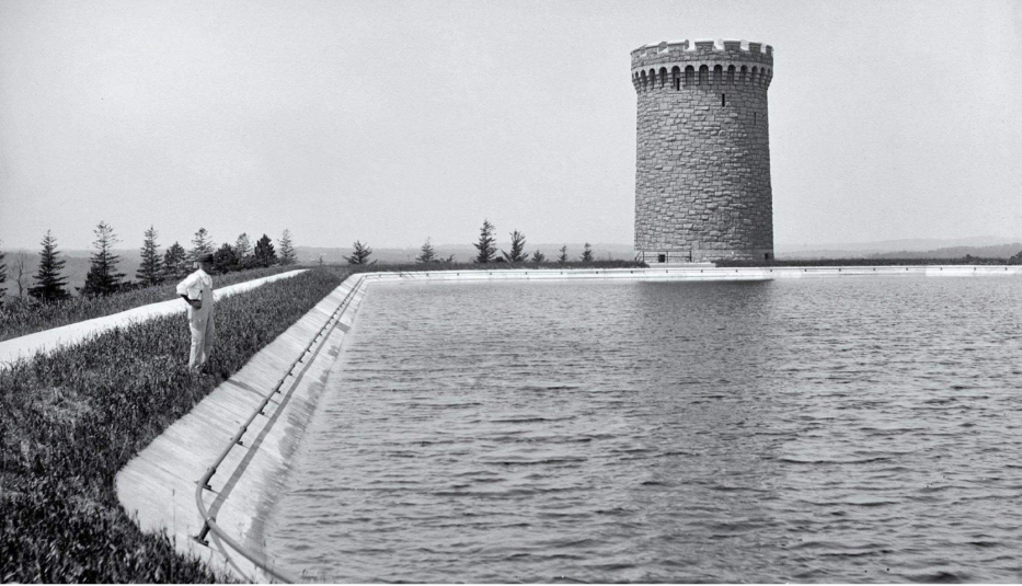 The original water tower and reservoir atop Forbes Hill in Quincy. The tower still stands, but the reservoir was filled in and is now green space.