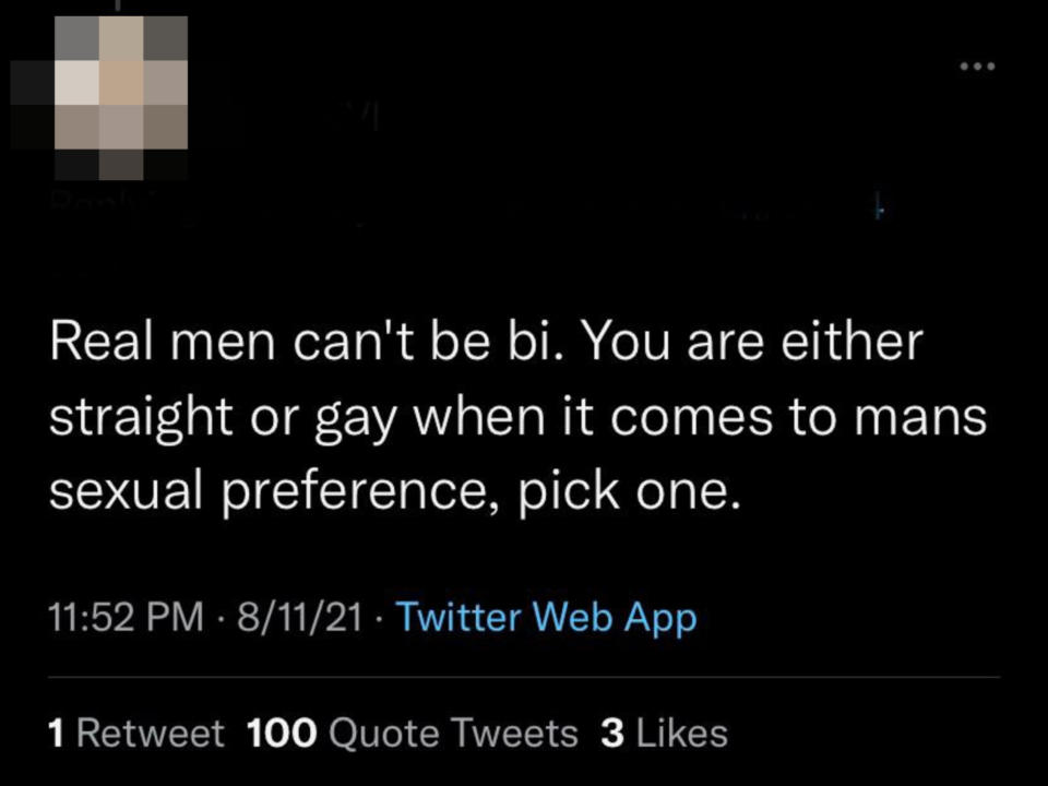 Tweet saying, "Real men can't be bi."