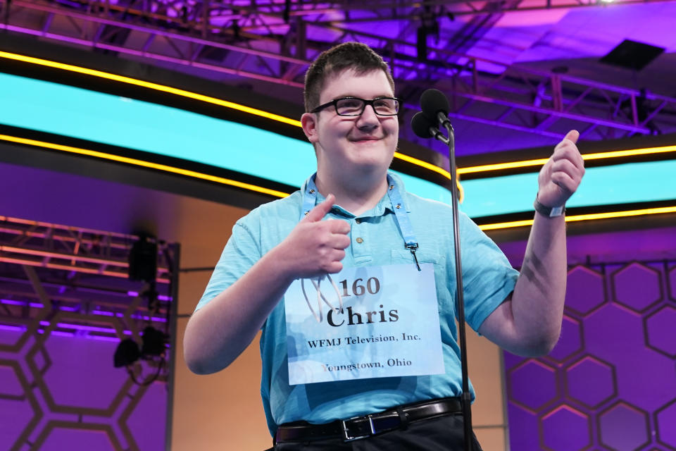 Chris Dominick, 14, from Struthers, Ohio, reacts as he competes during the Scripps National Spelling Bee, Wednesday, June 1, 2022, in Oxon Hill, Md. (AP Photo/Alex Brandon)