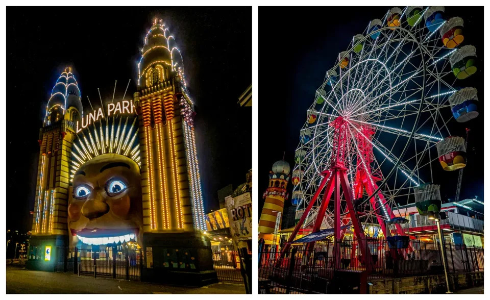 The entrance of Luna Park and the Ferris Wheel lit up at night