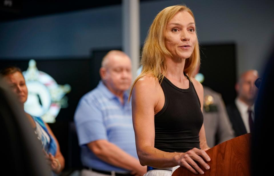 Daughter Maureen Taylor speaks about how thankful the family is for the Collier County Sheriff’s Office and the community during an update on Margaret Gallaway, 80, who was found Sunday, six days after being declared missing. The family and officials talked at a news conference at the Collier County Sheriff's Office in Naples on Monday, Oct. 23, 2023.