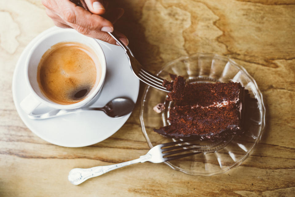 Chocolate cake and coffee.