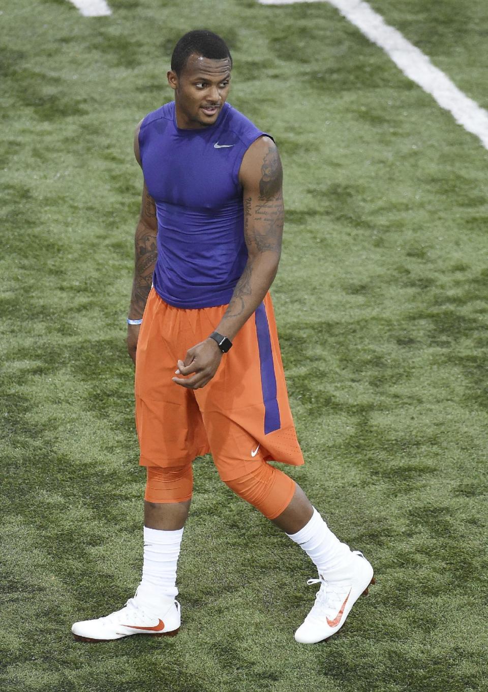 Deshawn Watson walks on the field during football pro day at Clemson University, Thursday, March 16, 2017, in Clemson, S.C. (AP Photo/Rainier Ehrhardt)