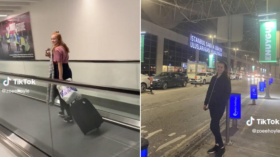 Zoe Hoyle's daughter pulls a suitcase through the airport.