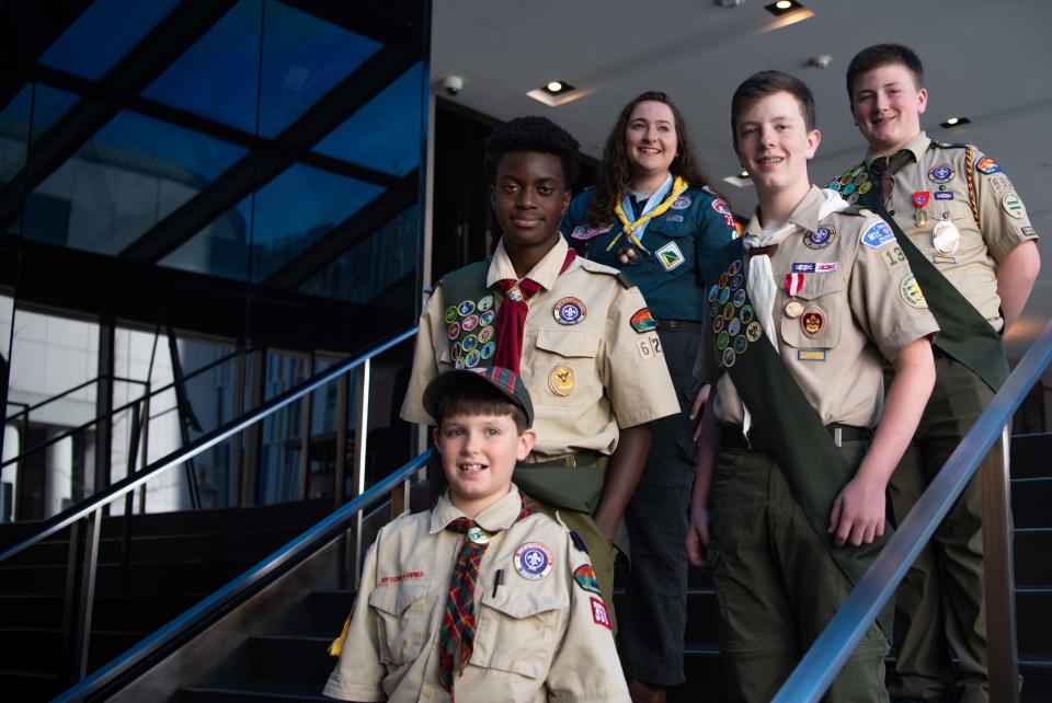 Wyatt Hensley, 9, David Olakunle, 16,Hannah Neal, 16, Jack Jones, 14, and Matthew Pyle, 12 pose together at the Renaissance Nashville Hotel as the 2022 Scouts of the year in downtown Nashville, Tenn., Tuesday, March 7, 2023. 