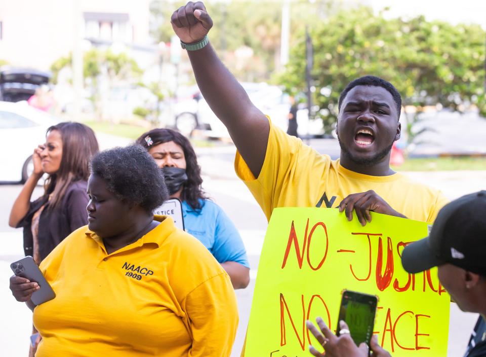 A young man who only gave his first name as Colin chanted "Justice for AJ" on Monday. Protesters are upset that AJ Owens' killer is charged with manslaughter, not murder. About 40 people protested the decision outside the Marion County Judicial Center in Ocala.