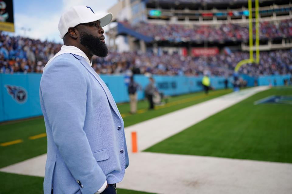 Tennessee Titans general manager Ran Carthon looks onto the field from the sideline during the second half of an NFL football game against the Indianapolis Colts, Sunday, Dec. 3, 2023, in Nashville, Tenn. (AP Photo/George Walker IV) ORG XMIT: TNGW1