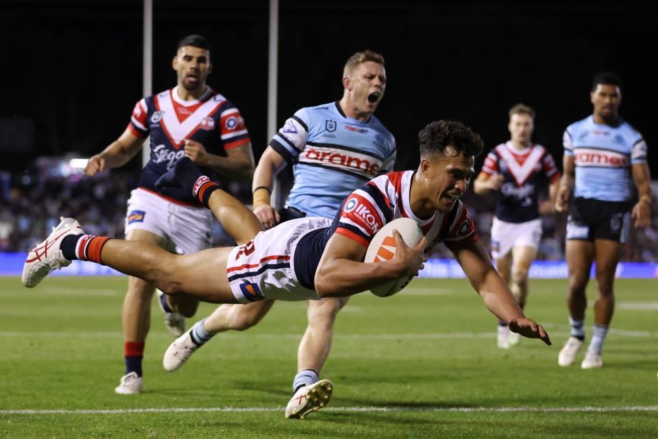 SYDNEY, AUSTRALIA - SEPTEMBER 09:  Joseph Suaalii of the Roosters scores a try, which was then disallowed by the video bunk during the NRL Elimination Final match between Cronulla Sharks and Sydney Roosters at PointsBet Stadium on September 09, 2023 in Sydney, Australia. (Photo by Mark Metcalfe/Getty Images)