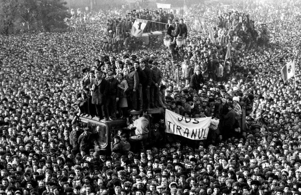 Demonstrators in Victory Square during Romania’s 1989 anti-communist revolution.