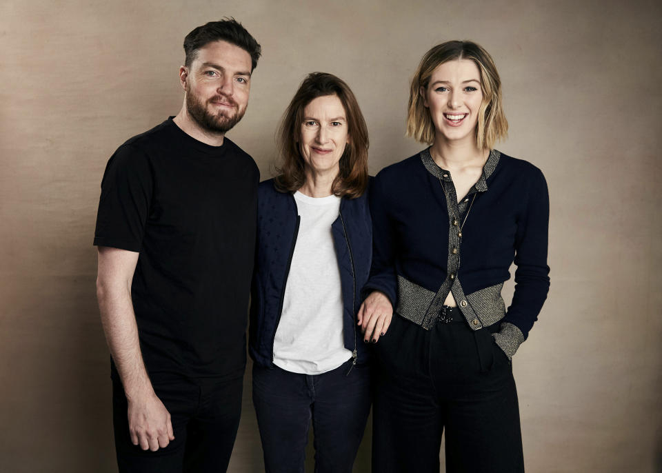 FILE - Tom Burke, from left, writer/director Joanna Hogg, and Honor Swinton-Byrne pose for a portrait to promote the film "The Souvenir" during the Sundance Film Festival in Park City, Utah on Jan. 28, 2019. (Photo by Taylor Jewell/Invision/AP, File)