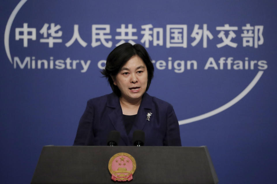 Chinese Foreign Ministry spokeswoman Hua Chunying speaks during a daily briefing at the Ministry of Foreign Affairs office in Beijing, Tuesday, Sept. 1, 2020. Hua strongly condemned The Czech Senate President Milos Vystrcil 's visit to Taiwan, saying "he is openly supporting the separatist forces and separatist activities in Taiwan that seriously violate China's sovereignty and China's internal affairs." (AP Photo/Andy Wong)