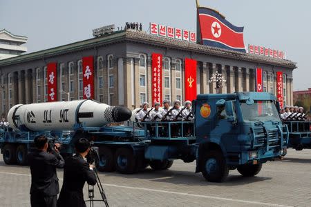 A North Korean navy truck carries the 'Pukkuksong' submarine-launched ballistic missile (SLBM) during a military parade marking the 105th birth anniversary of country's founding father, Kim Il Sung in Pyongyang, April 15, 2017. REUTERS/Damir Sagolj/Files