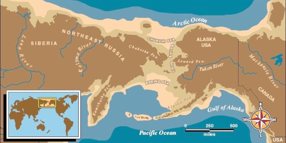 A map in shades of brown and blue showing the Bering Land Bridge connecting Asia and Alaska.