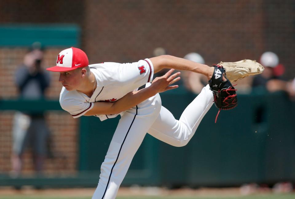 Orchard Lake St. Mary's Brock Porter pitches against New Boston Huron on Friday, June 18, 2021, at McLane Stadium in East Lansing.