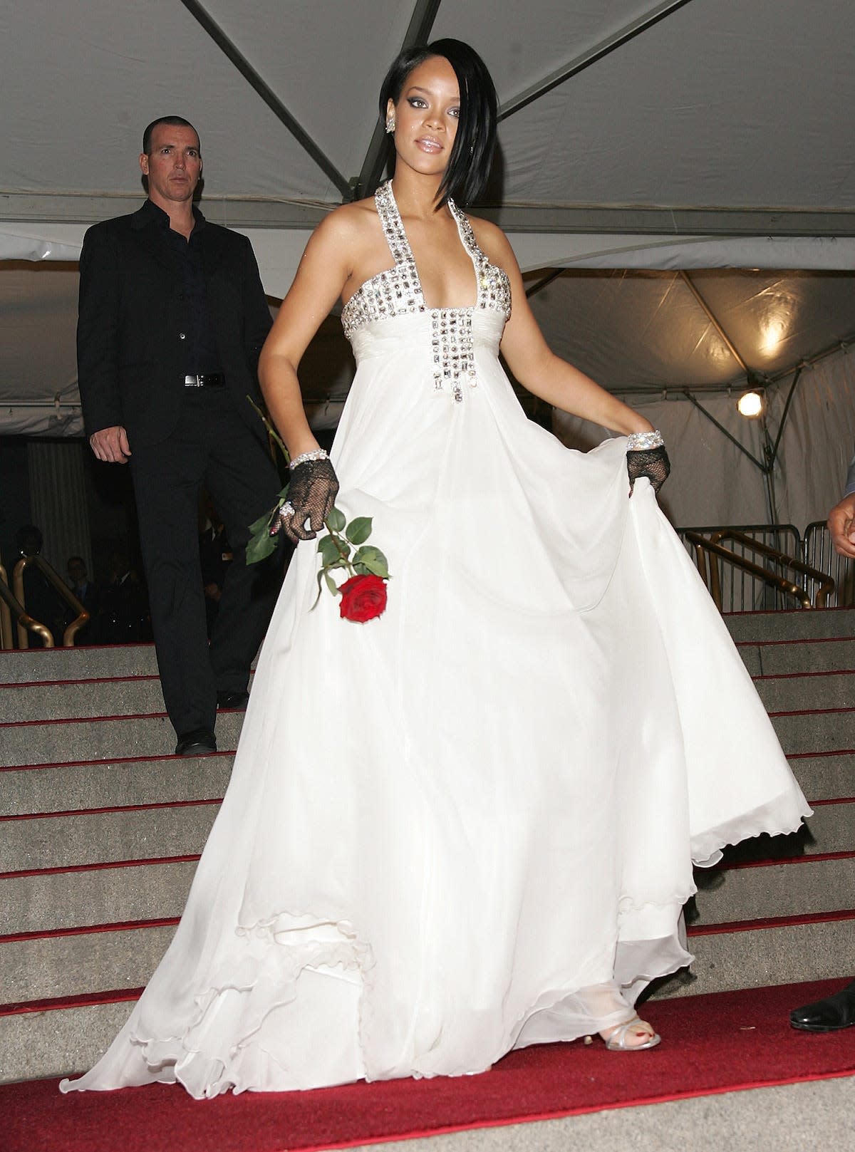 Rihanna wore a white gown with a plunging halter neck to the 2007 Met Gala.