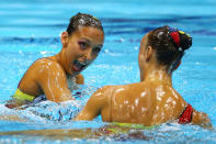 LONDON, ENGLAND - AUGUST 06: Gagnon Boudreau and Elise Marcotte of Canada compete in the Women's Duets Synchronised Swimming Free Routine Preliminary on Day 10 of the London 2012 Olympic Games at the Aquatics Centre on August 6, 2012 in London, England. (Photo by Al Bello/Getty Images)