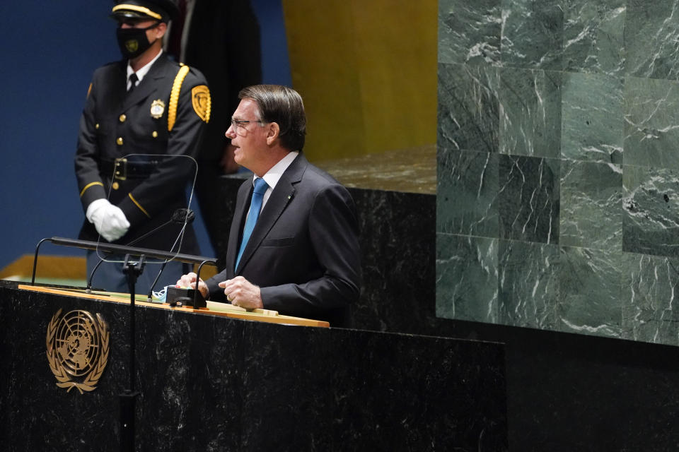 Brazil's President Jair Bolsonaro addresses the 76th Session of the U.N. General Assembly, Tuesday, Sept. 21, 2021, at United Nations headquarters in New York. (AP Photo/Evan Vucci)