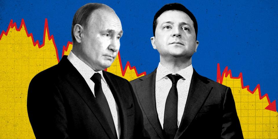 Putin and Zelensky in front of a stock market chart.