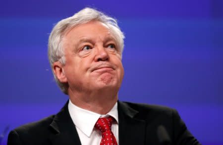 Britain's Secretary of State for Exiting the European Union David Davis holds a joint news conference with European Union's chief Brexit negotiator Michel Barnier (unseen) after the latest round of talks in Brussels, Belgium October 12, 2017. REUTERS/Francois Lenoir