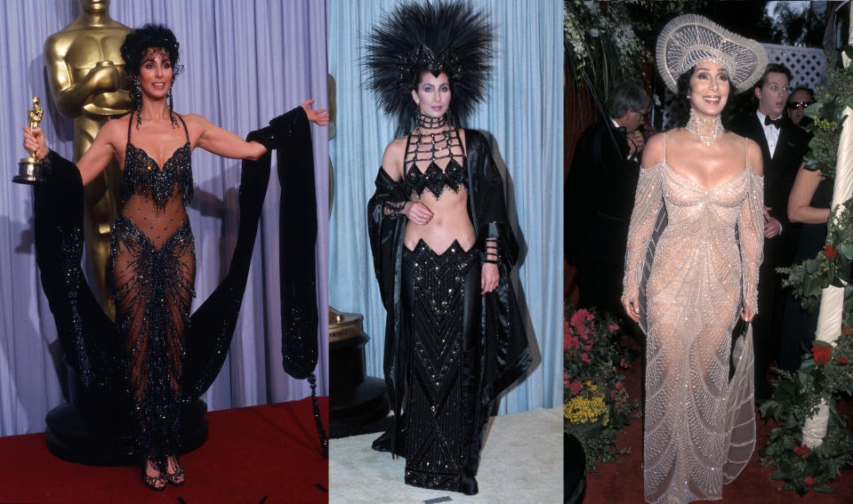 <p>Cher and Bob Mackie are a match made in fashion heaven. While Mackie's designs have given the Oscar winner some of her most memorable red carpet moments, these dramatic show-girl looks fail to hit the high notes on Hollywood's most elegant red carpet.</p> 