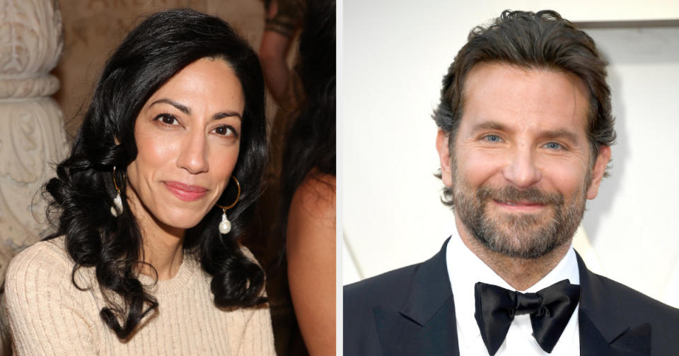 huma at an event and bradley on the red carpet