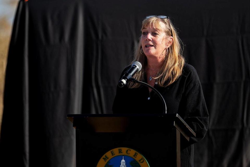 Toni McMillin speaks about her late son Cal Fire Capt. Paul Rotondaro, during a ceremony dedicating a section of Highway 140 near Gustine, the Paul Vincent Rotondaro Memorial Highway in Merced County, Calif., on Monday, Sept. 18, 2023. Rotondaro was killed in a traffic collision while on duty in Merced County on Oct. 2, 2019.