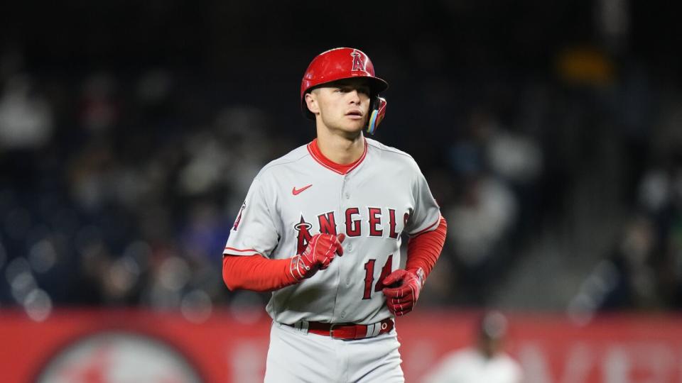 Angels' Logan O'Hoppe during the ninth inning of a baseball game.