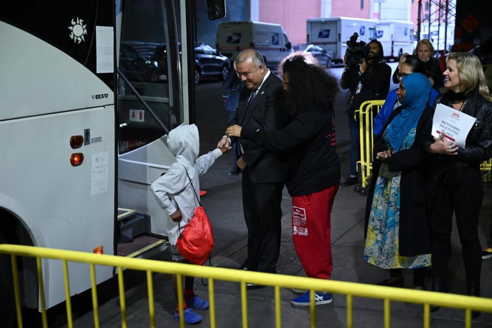 PHOTO: A bus, carrying the migrants from Texas, arrives in Port Authority bus station of New York, May 03, 2023. (Lokman Vural Elibol/Anadolu Agency via Getty Images, FILE)