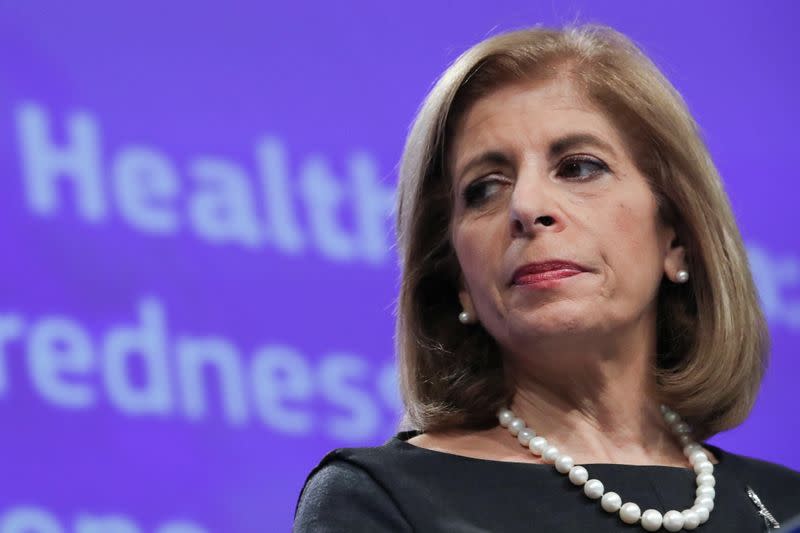 European Health Commissioner Stella Kyriakides holds a news conference at EU Commission headquarters in Brussels